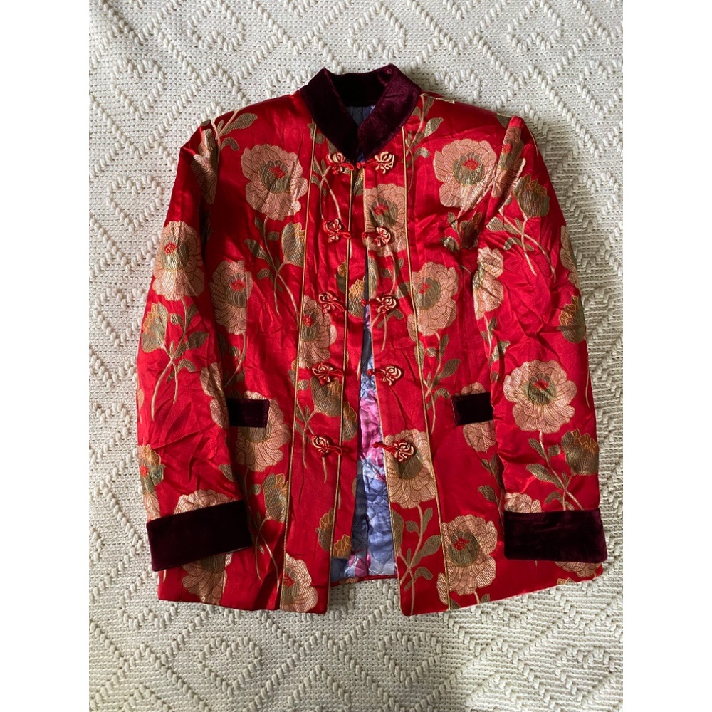 Vtg Silk Asian Floral Mandarin Collar Quilted Jacket - S